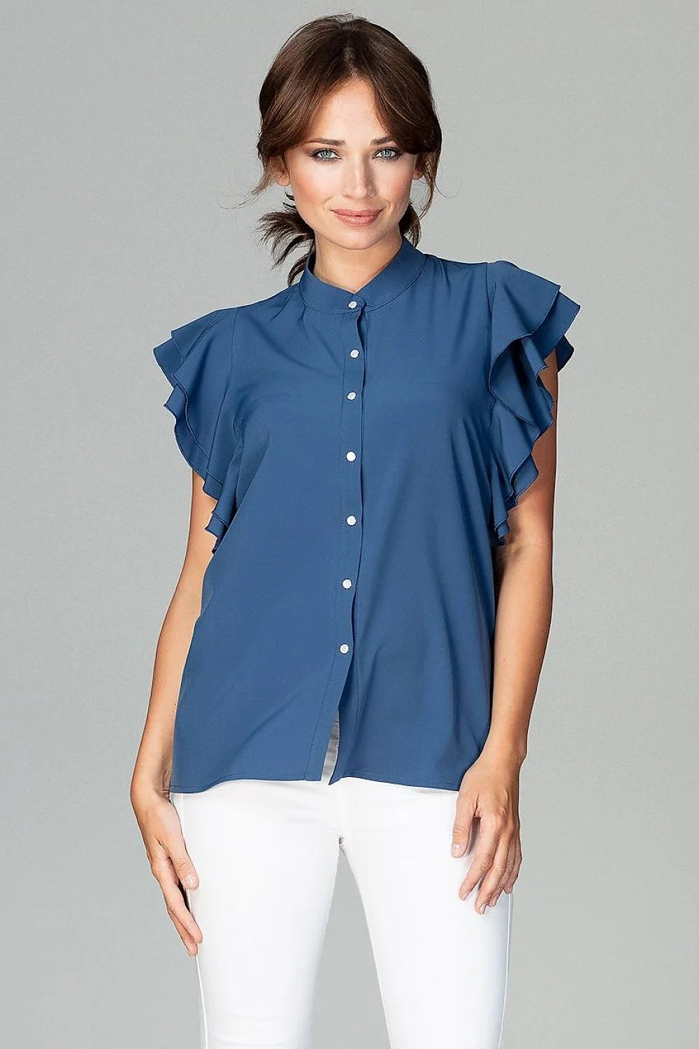 Chemisier coton bleu clair élégant manches volants ajusté col montant pour femmes modernes actives