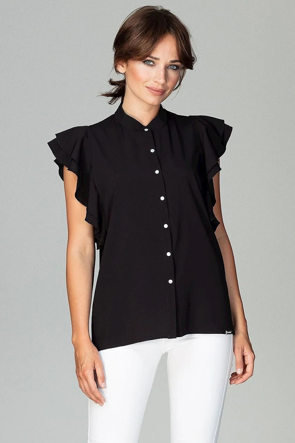 Chemisier coton bleu clair élégant manches volants ajusté col montant pour femmes modernes actives