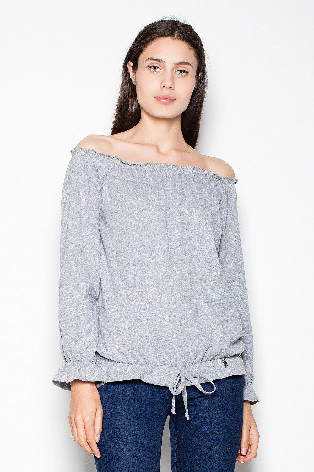 Chemisier coton décontracté chic épaule dénudée gris confortable manches longues parfait quotidien femmes modernes