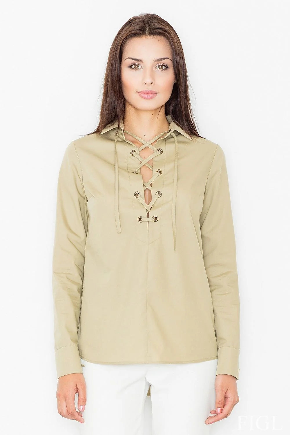 Chemisier en coton beige élégant avec lacets avant pour un style moderne et décontracté féminin
