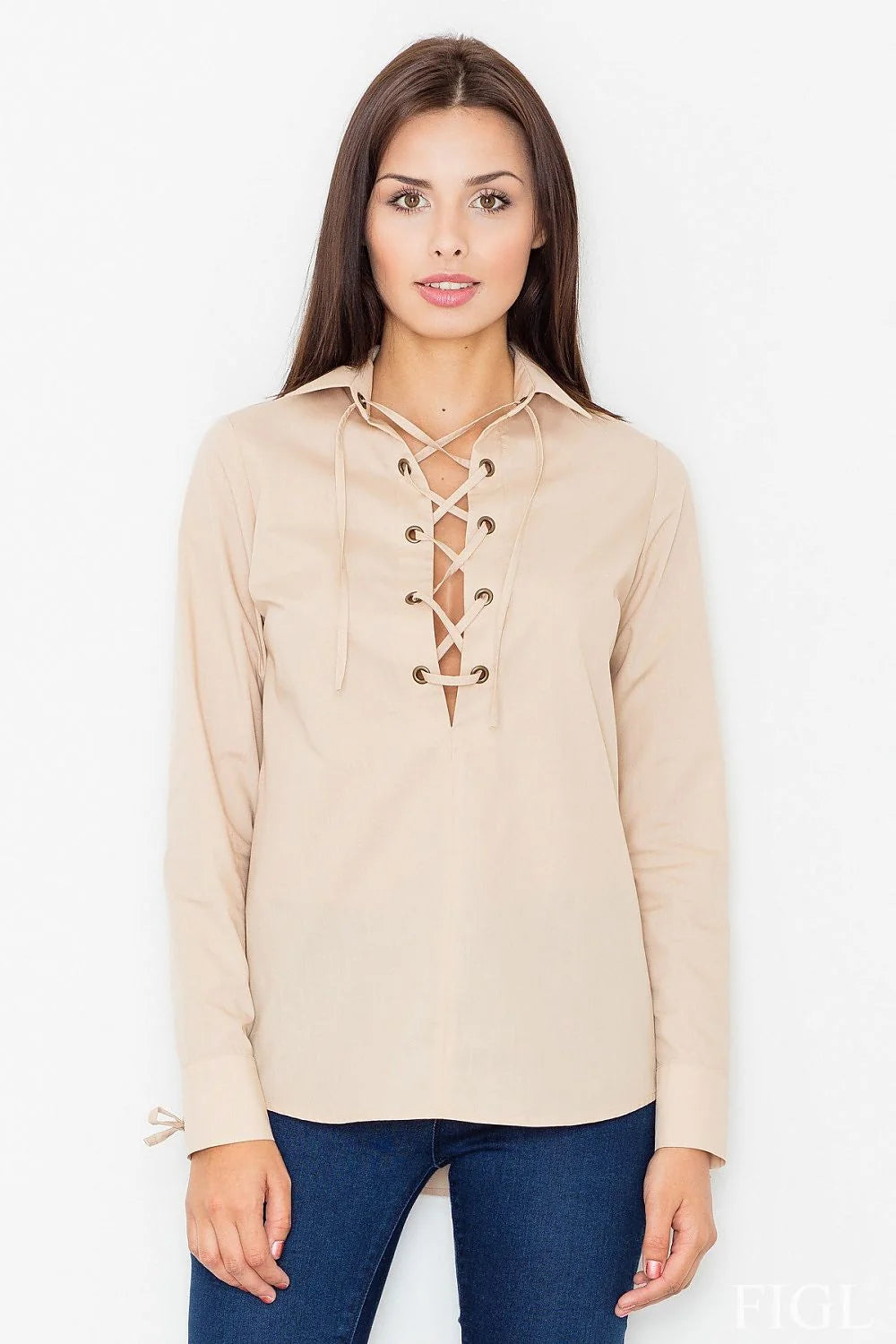 Chemisier en coton beige élégant avec lacets avant pour un style moderne et décontracté féminin