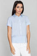 Chemisier femme coton bleu clair classique ajusté boutons devant élégant pour bureau et sorties