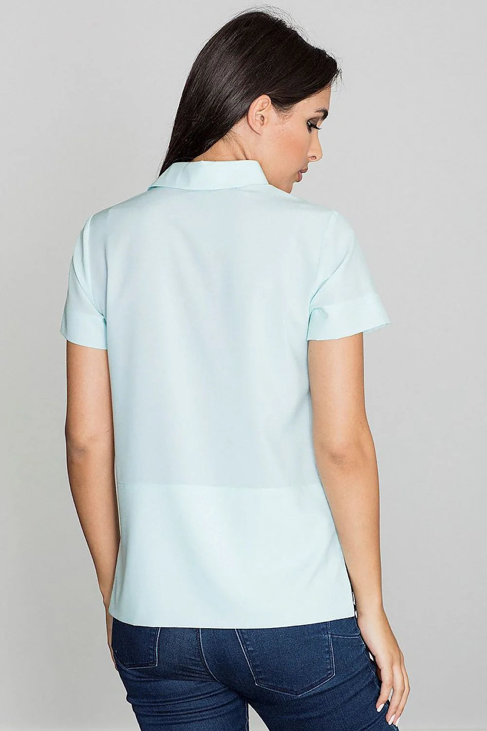 Chemisier femme coton bleu clair classique ajusté boutons devant élégant pour bureau et sorties