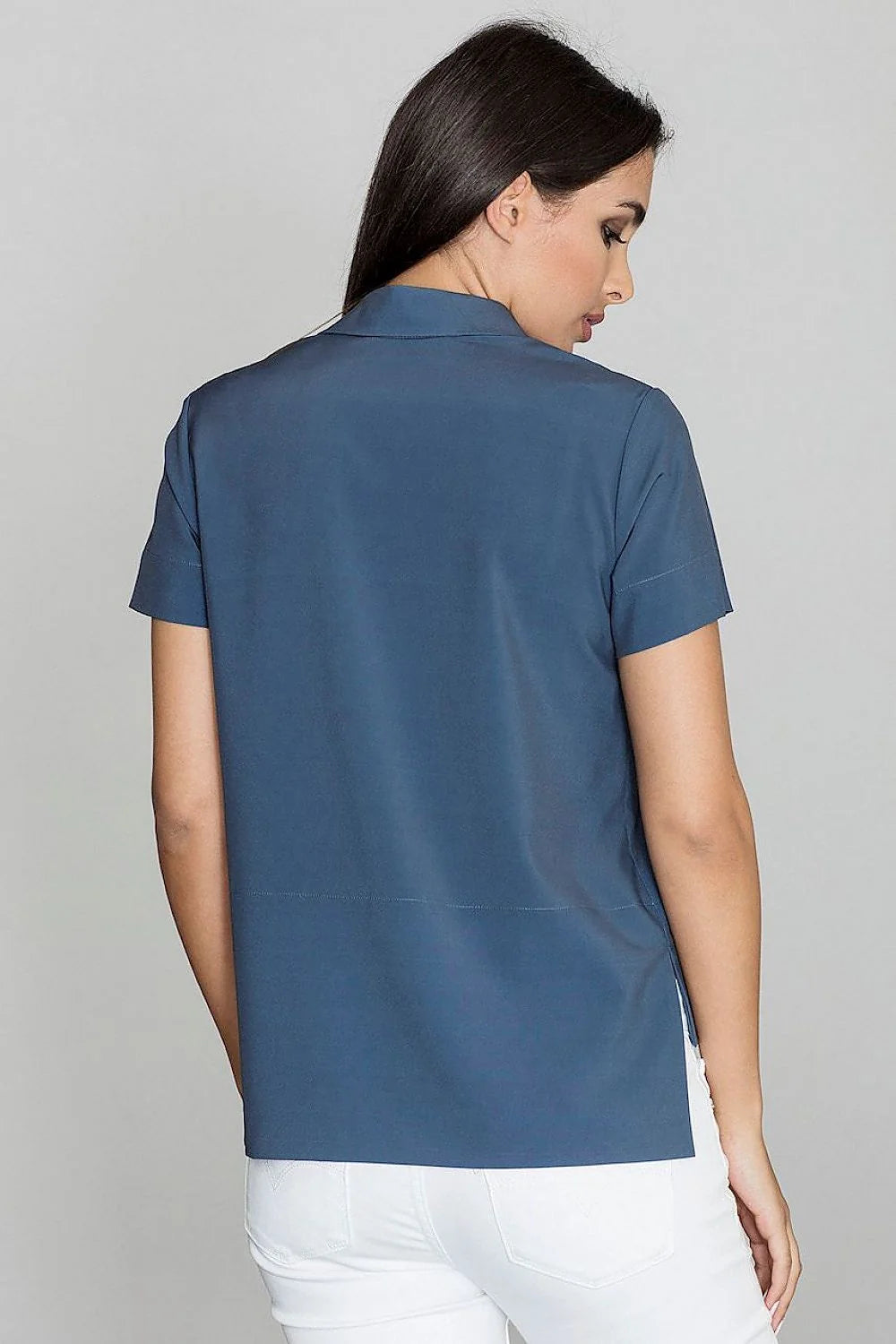Chemisier femme coton bleu clair classique ajusté boutons devant élégant pour bureau et sorties