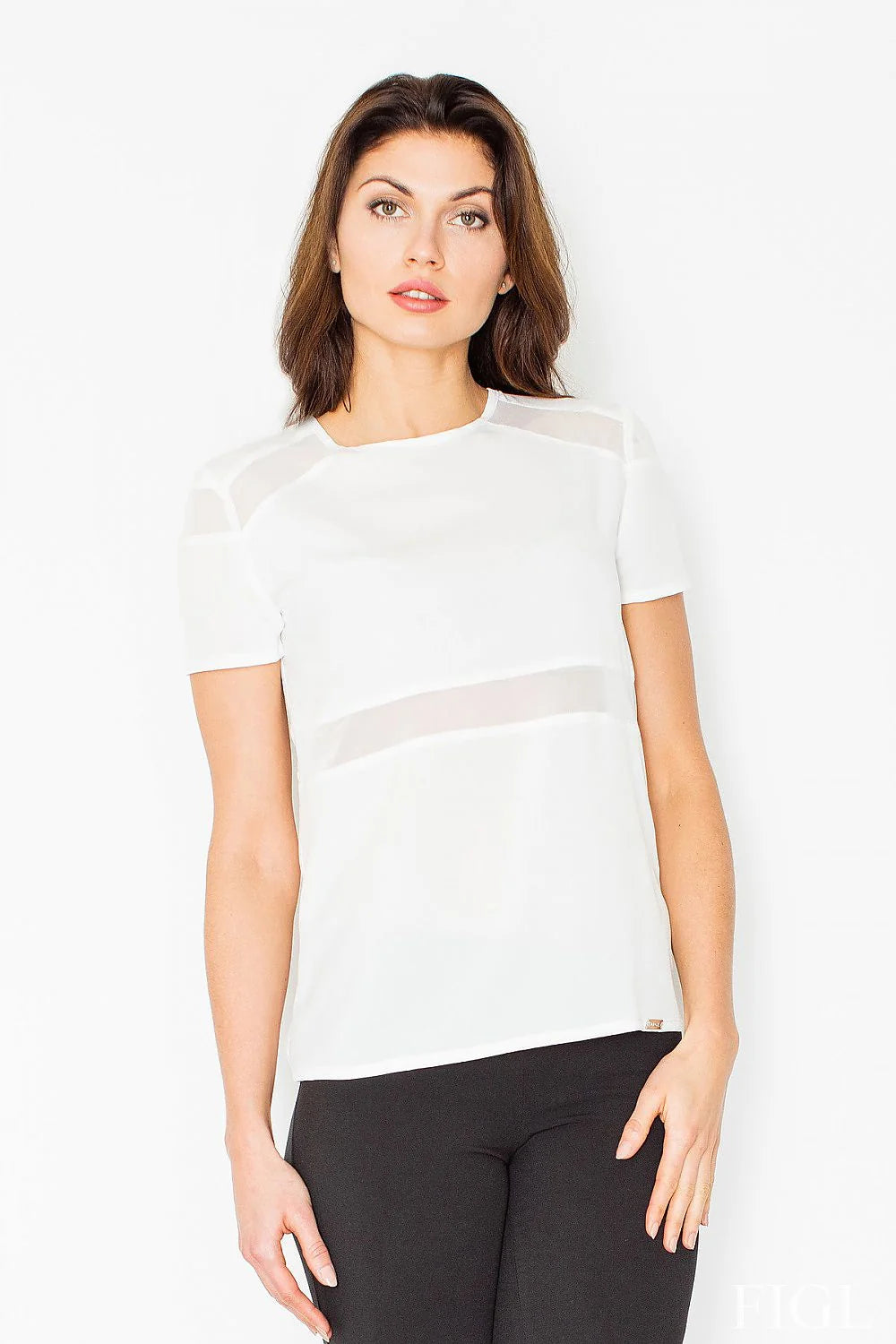 chemisier Figl blanc manches courtes col rond coupe droite empiècements transparents épaules bande translucide buste matière légère respirante minimaliste élégant