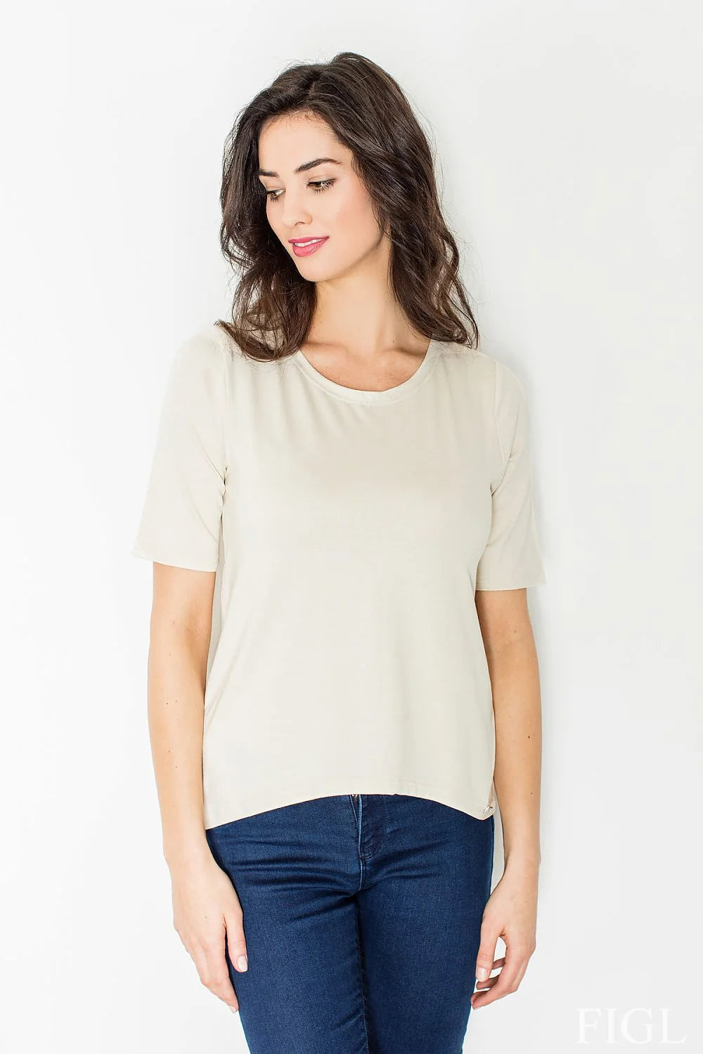 chemisier Figl dos ouvert bande horizontale viscose elasthanne ajusté confortable chic décontracté asymétrique souple respirant polyvalent beige vert noir