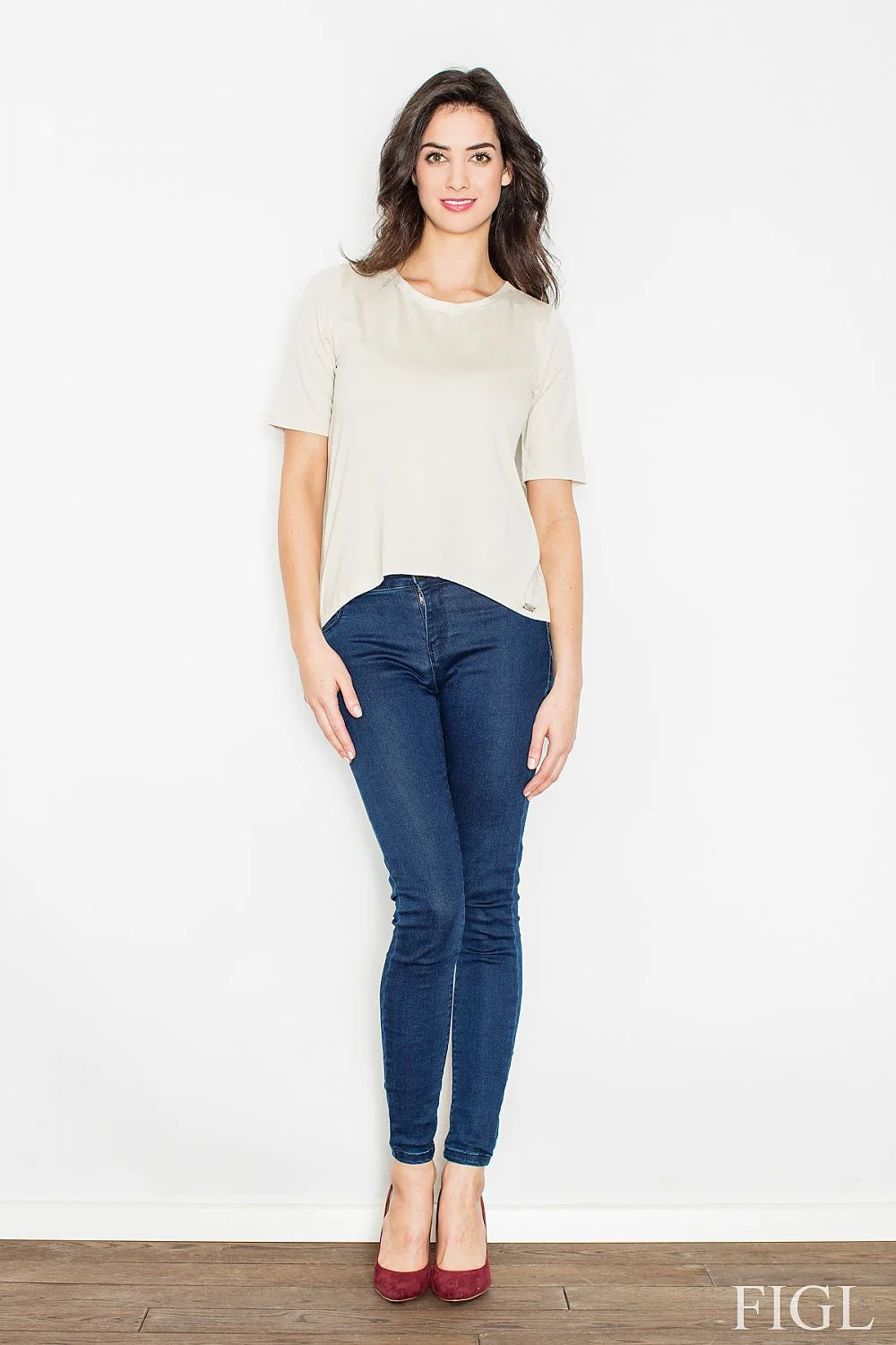 chemisier Figl dos ouvert bande horizontale viscose elasthanne ajusté confortable chic décontracté asymétrique souple respirant polyvalent beige vert noir