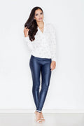 Chemisier Figl polyester blanc chic élégant femme manches longues col V bord côte ourlet soigné léger motifs subtils tailles XL