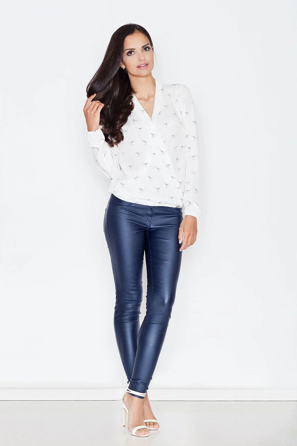 Chemisier Figl polyester blanc chic élégant femme manches longues col V bord côte ourlet soigné léger motifs subtils tailles XL