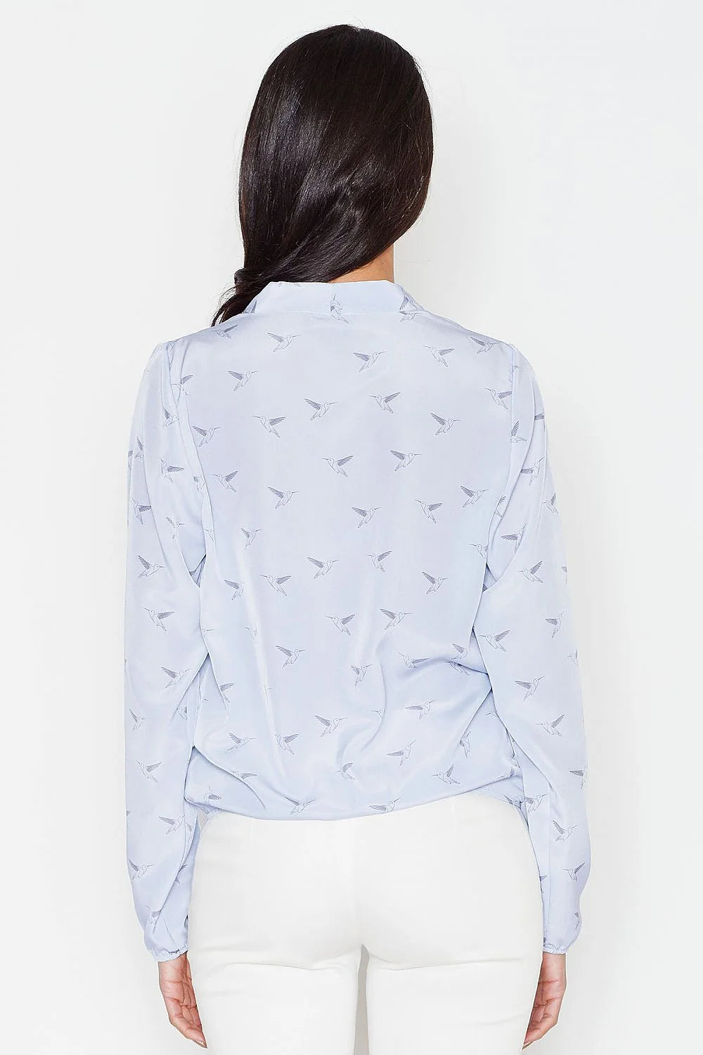 Chemisier Figl polyester blanc chic élégant femme manches longues col V bord côte ourlet soigné léger motifs subtils tailles XL
