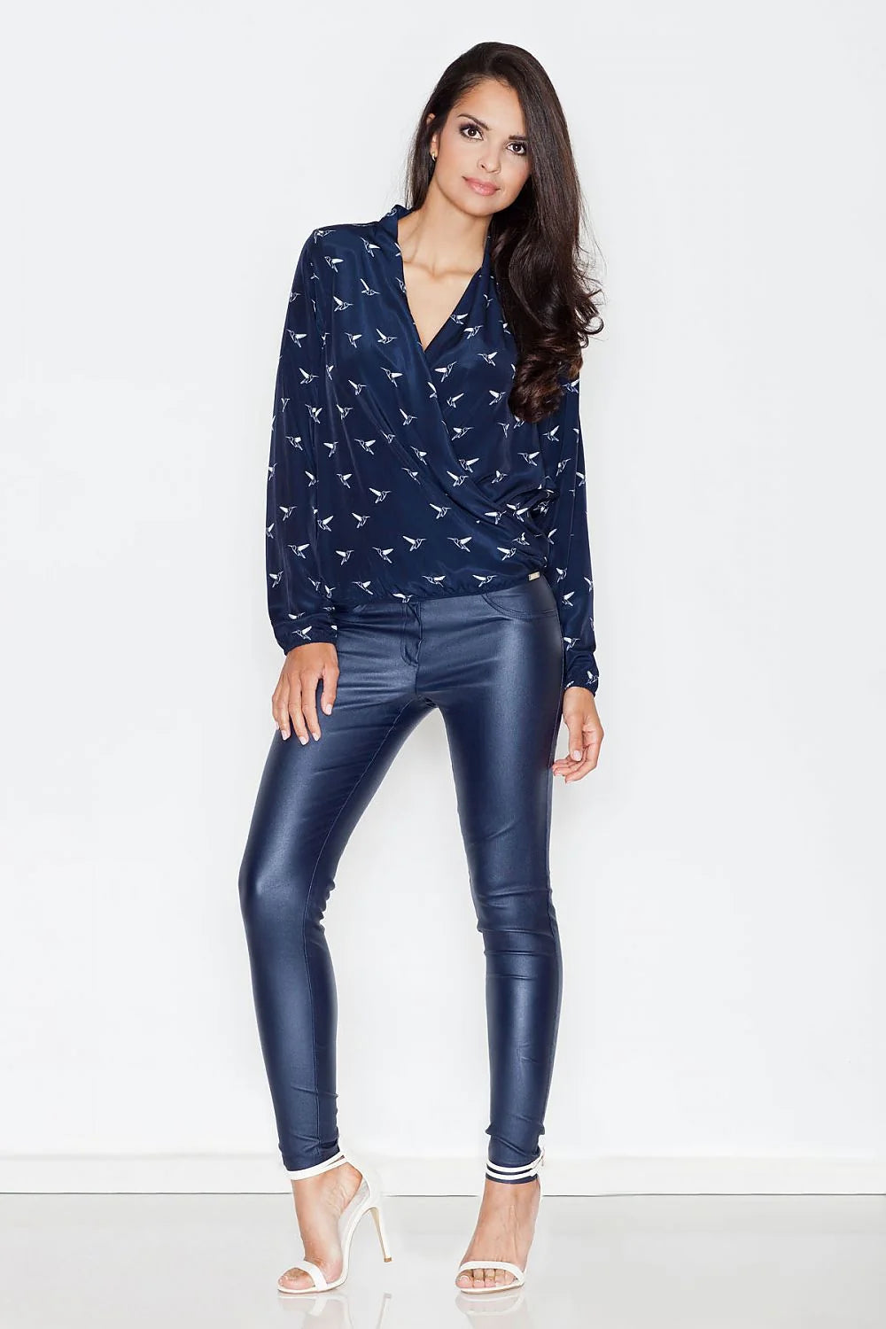 Chemisier Figl polyester blanc chic élégant femme manches longues col V bord côte ourlet soigné léger motifs subtils tailles XL