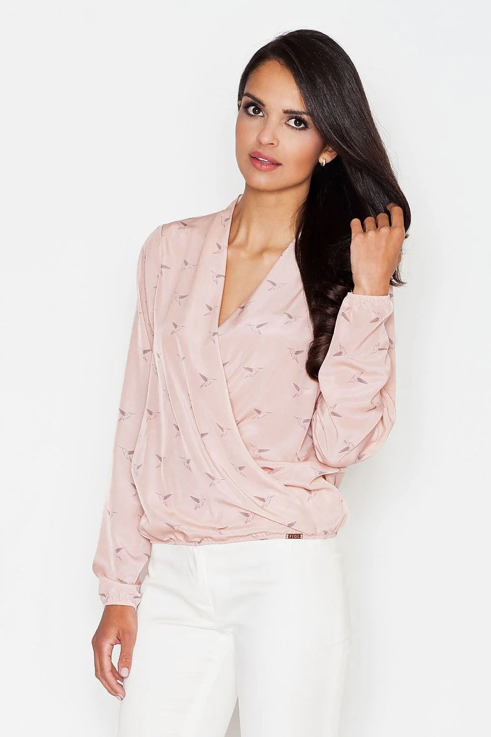 Chemisier Figl polyester blanc chic élégant femme manches longues col V bord côte ourlet soigné léger motifs subtils tailles XL
