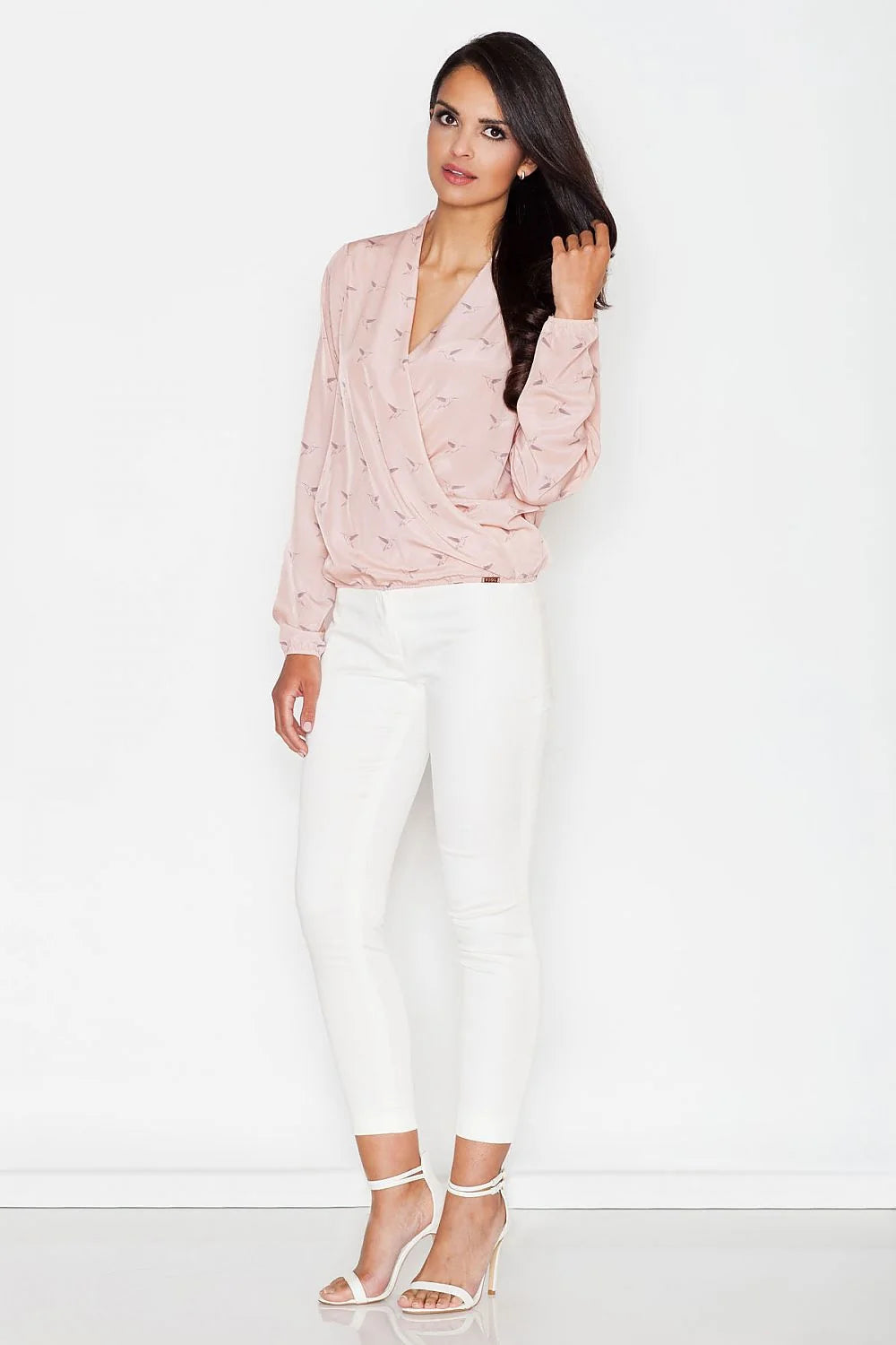 Chemisier Figl polyester blanc chic élégant femme manches longues col V bord côte ourlet soigné léger motifs subtils tailles XL