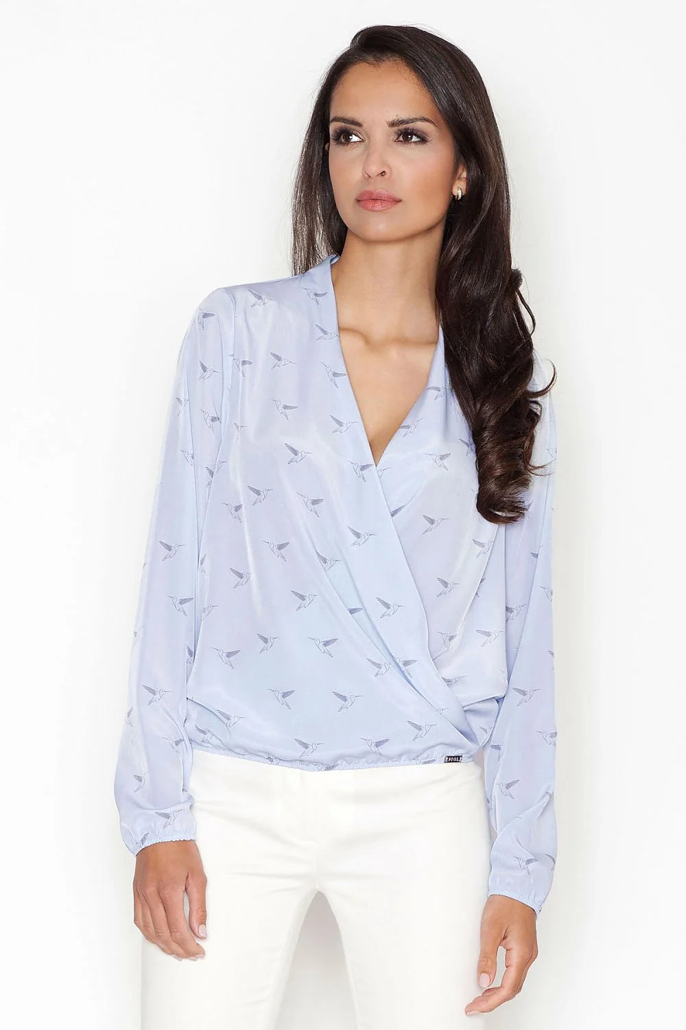 Chemisier Figl polyester blanc chic élégant femme manches longues col V bord côte ourlet soigné léger motifs subtils tailles XL