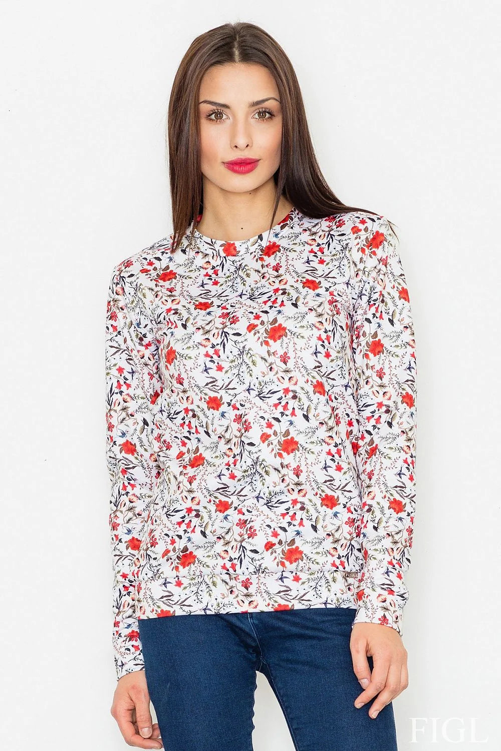 chemisier floral mancheslongues polyester léger doux coupeajustée colrond coupedroite ourlée impriméallover rouge corail feuillage bleuvert blanc printanier féminin élégant casual
