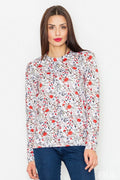 chemisier floral mancheslongues polyester léger doux coupeajustée colrond coupedroite ourlée impriméallover rouge corail feuillage bleuvert blanc printanier féminin élégant casual