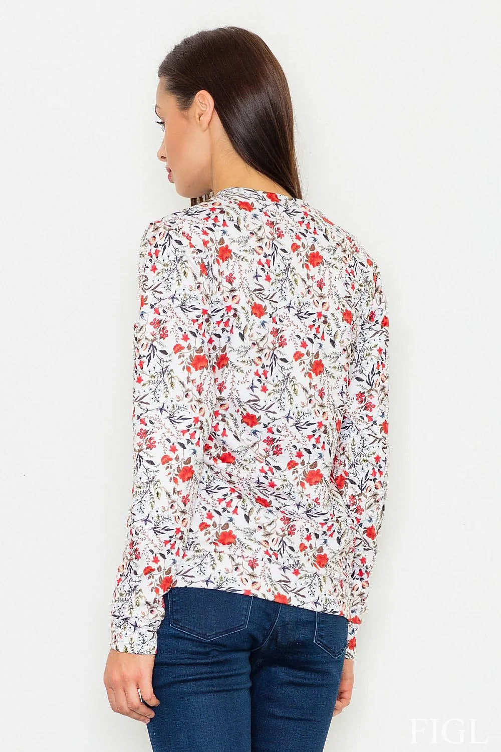 chemisier floral mancheslongues polyester léger doux coupeajustée colrond coupedroite ourlée impriméallover rouge corail feuillage bleuvert blanc printanier féminin élégant casual