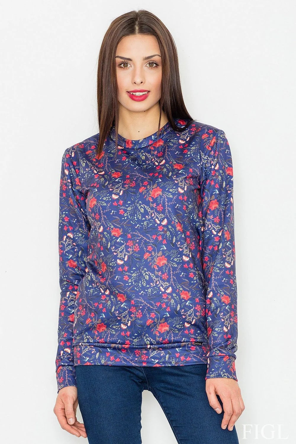 chemisier floral mancheslongues polyester léger doux coupeajustée colrond coupedroite ourlée impriméallover rouge corail feuillage bleuvert blanc printanier féminin élégant casual