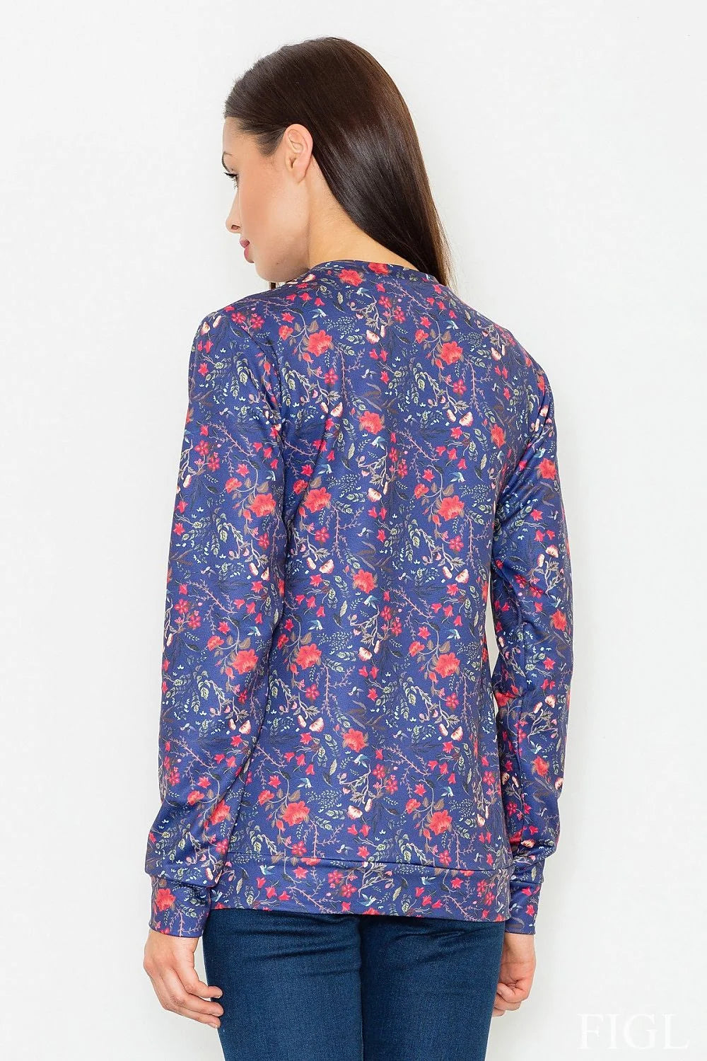 chemisier floral mancheslongues polyester léger doux coupeajustée colrond coupedroite ourlée impriméallover rouge corail feuillage bleuvert blanc printanier féminin élégant casual