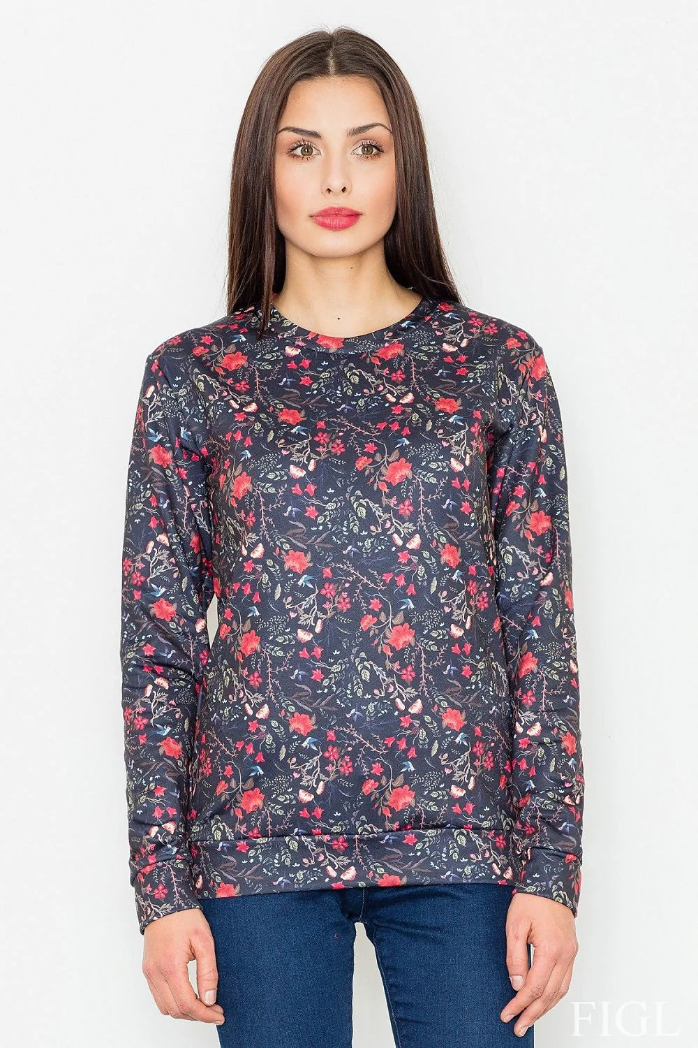 chemisier floral mancheslongues polyester léger doux coupeajustée colrond coupedroite ourlée impriméallover rouge corail feuillage bleuvert blanc printanier féminin élégant casual