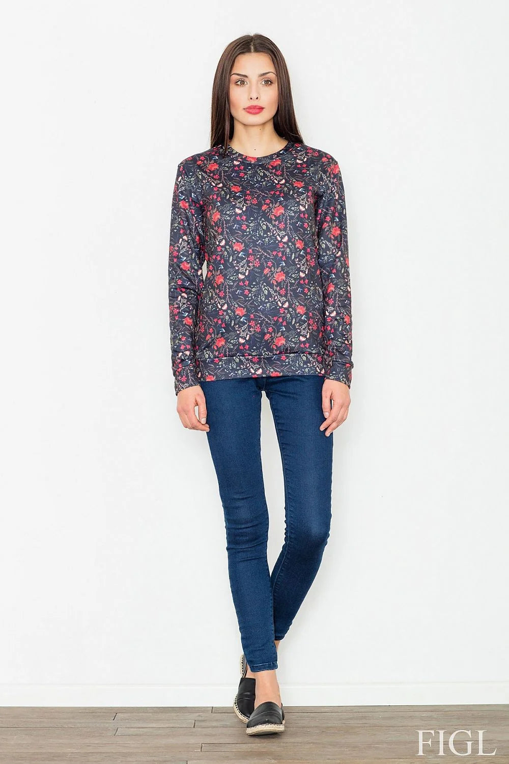 chemisier floral mancheslongues polyester léger doux coupeajustée colrond coupedroite ourlée impriméallover rouge corail feuillage bleuvert blanc printanier féminin élégant casual