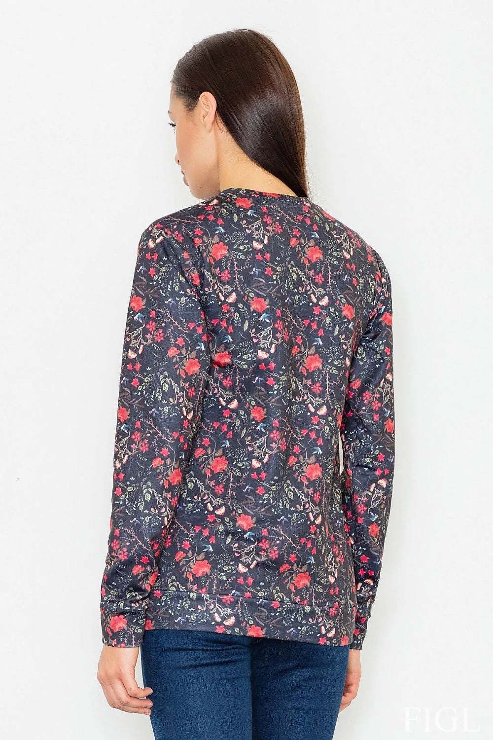 chemisier floral mancheslongues polyester léger doux coupeajustée colrond coupedroite ourlée impriméallover rouge corail feuillage bleuvert blanc printanier féminin élégant casual