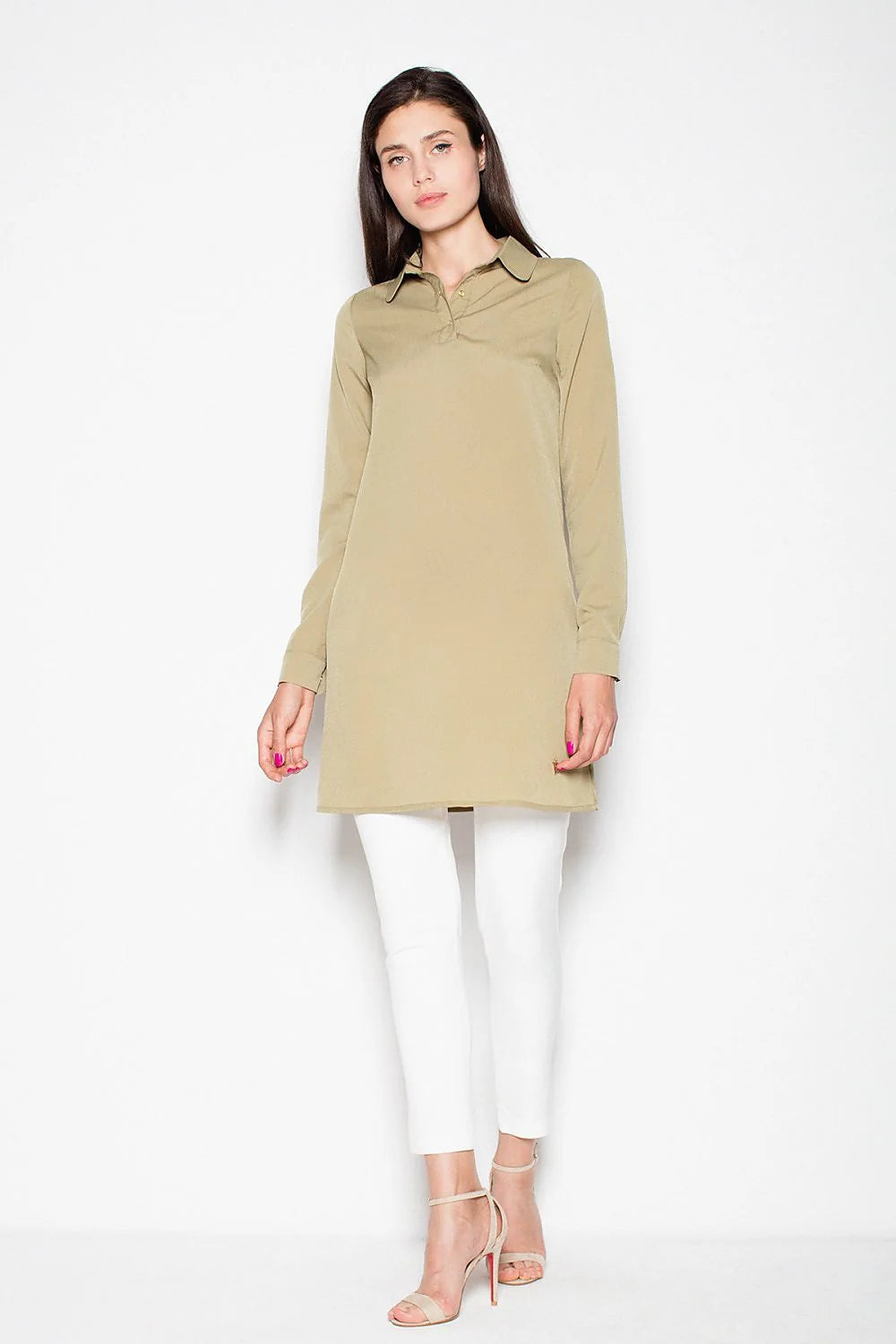Chemisier long coton décontracté classique beige ample col revers manches longues mode femme élégante