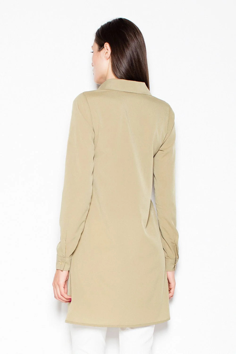 Chemisier long coton décontracté classique beige ample col revers manches longues mode femme élégante