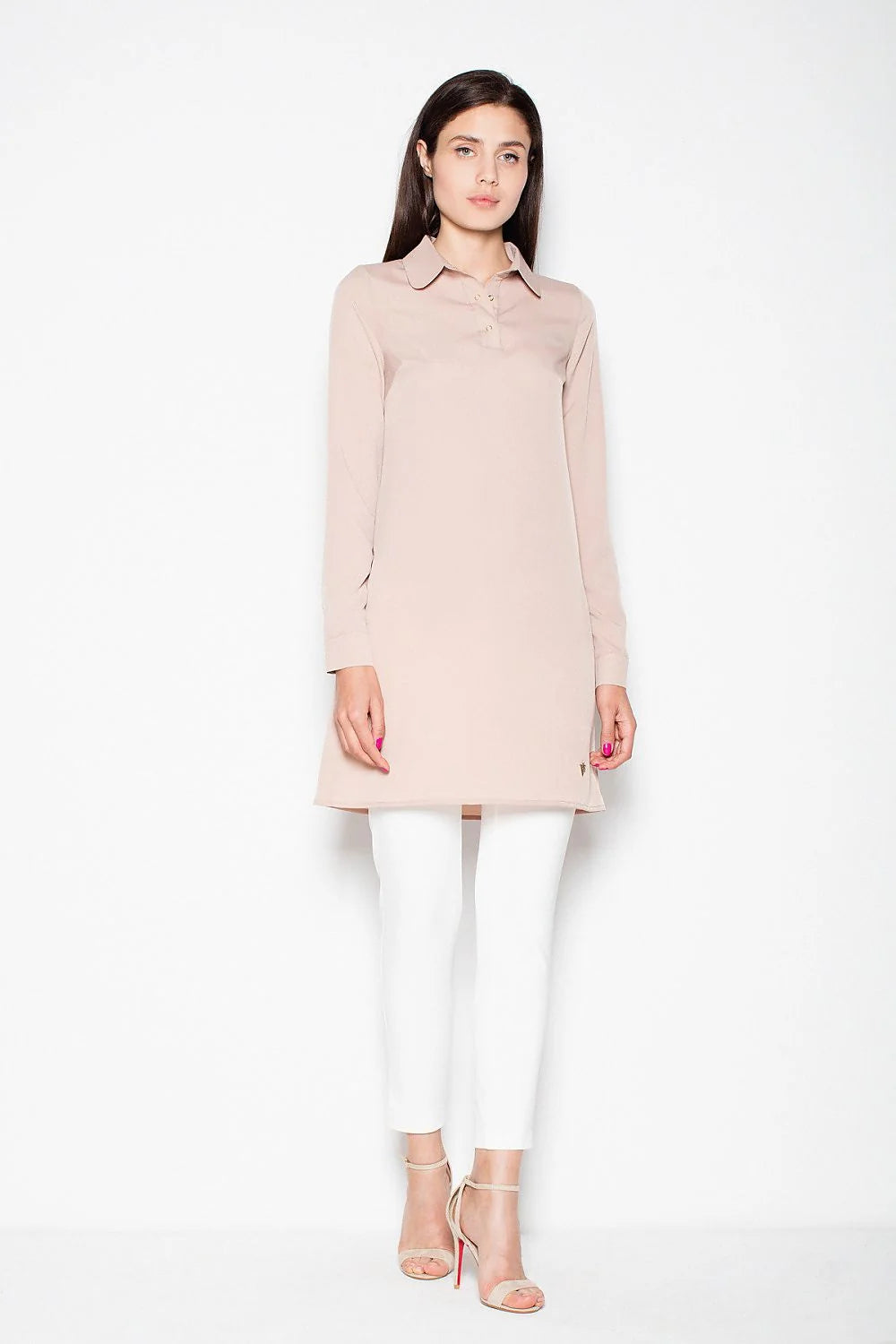 Chemisier long coton décontracté classique beige ample col revers manches longues mode femme élégante