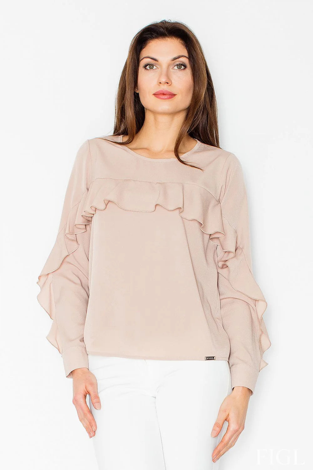 Chemisier manches longues beige en tissu léger élégant volants chic pour femmes modernes mode stylée