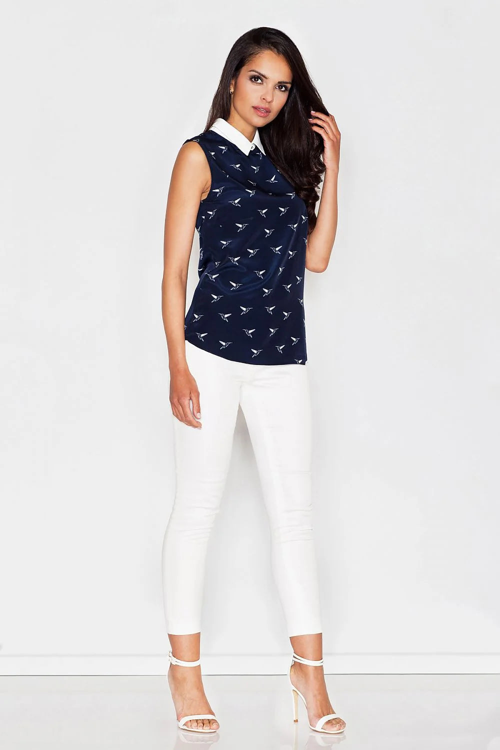 Chemisier sans manches coton motifs oiseaux bleu col blanc élégant décontracté mode femme professionnelle