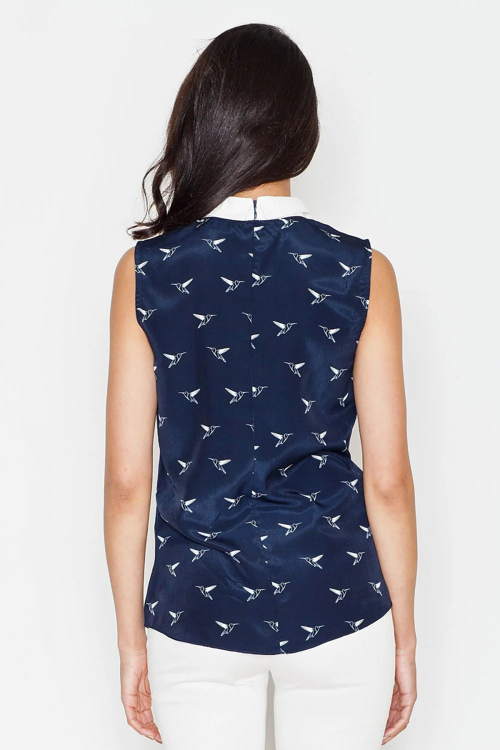 Chemisier sans manches coton motifs oiseaux bleu col blanc élégant décontracté mode femme professionnelle
