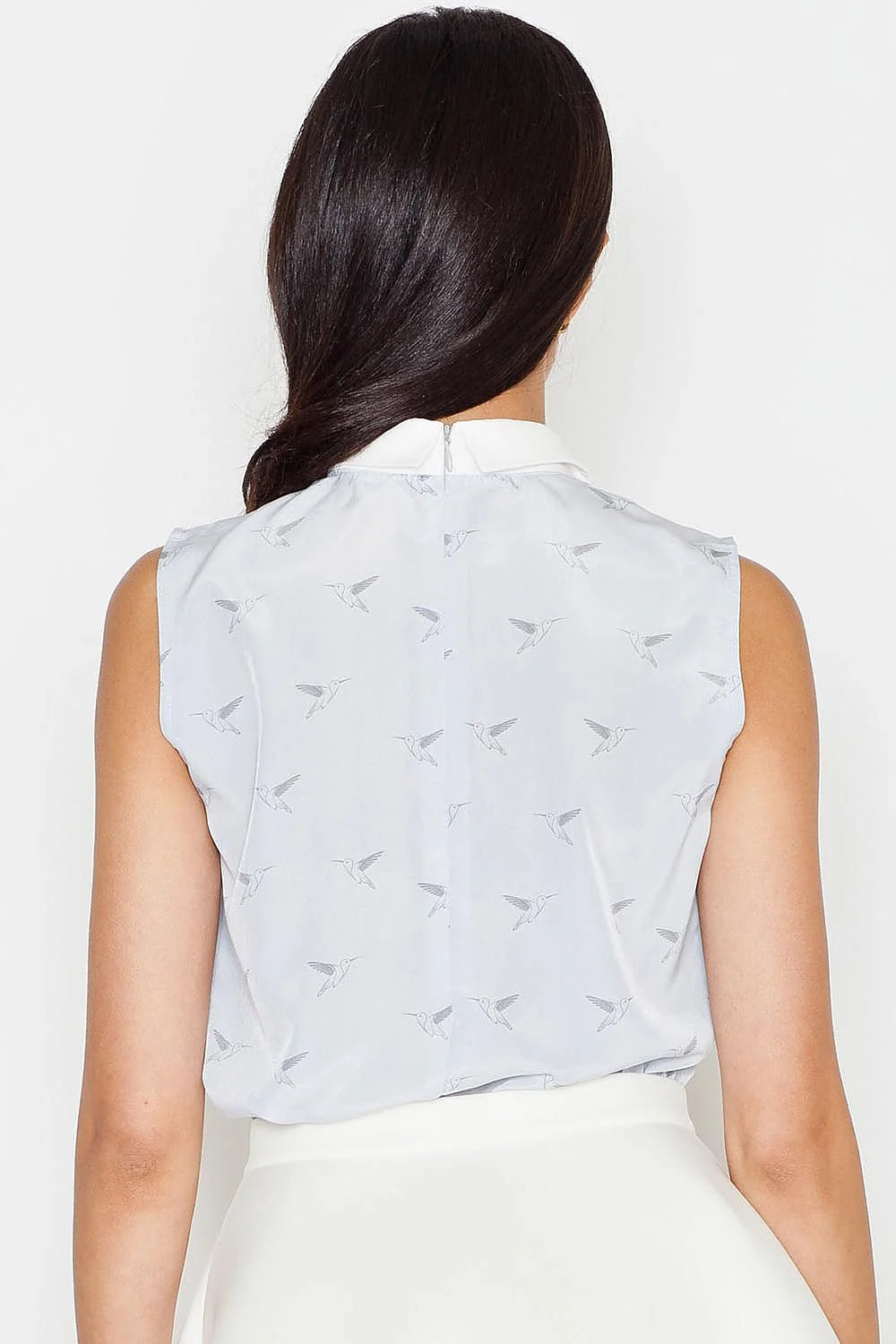 Chemisier sans manches coton motifs oiseaux bleu col blanc élégant décontracté mode femme professionnelle