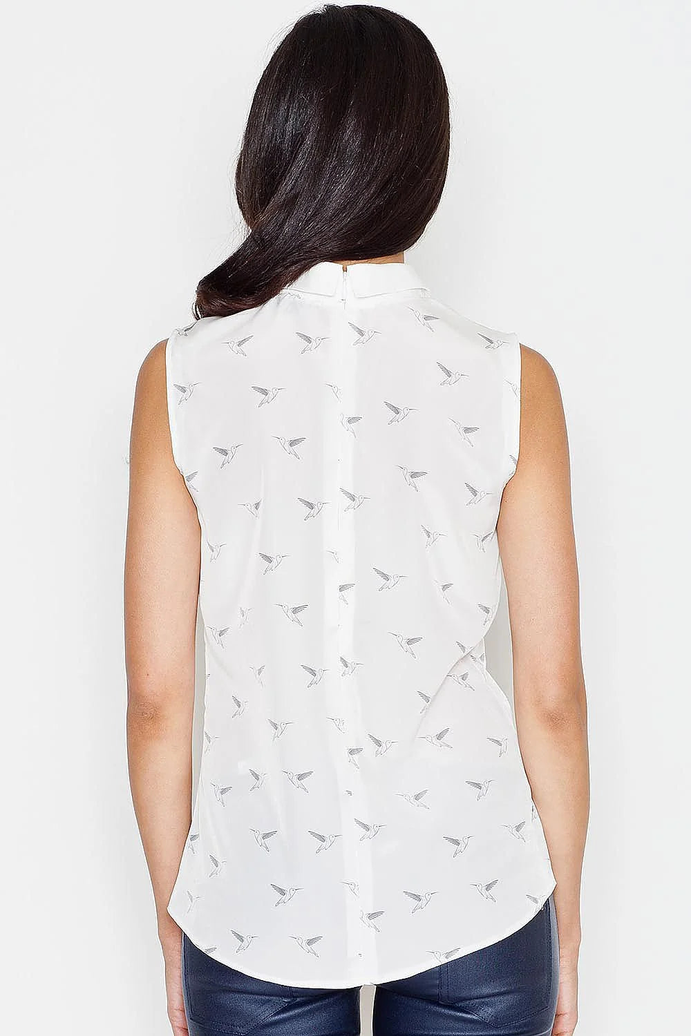 Chemisier sans manches coton motifs oiseaux bleu col blanc élégant décontracté mode femme professionnelle