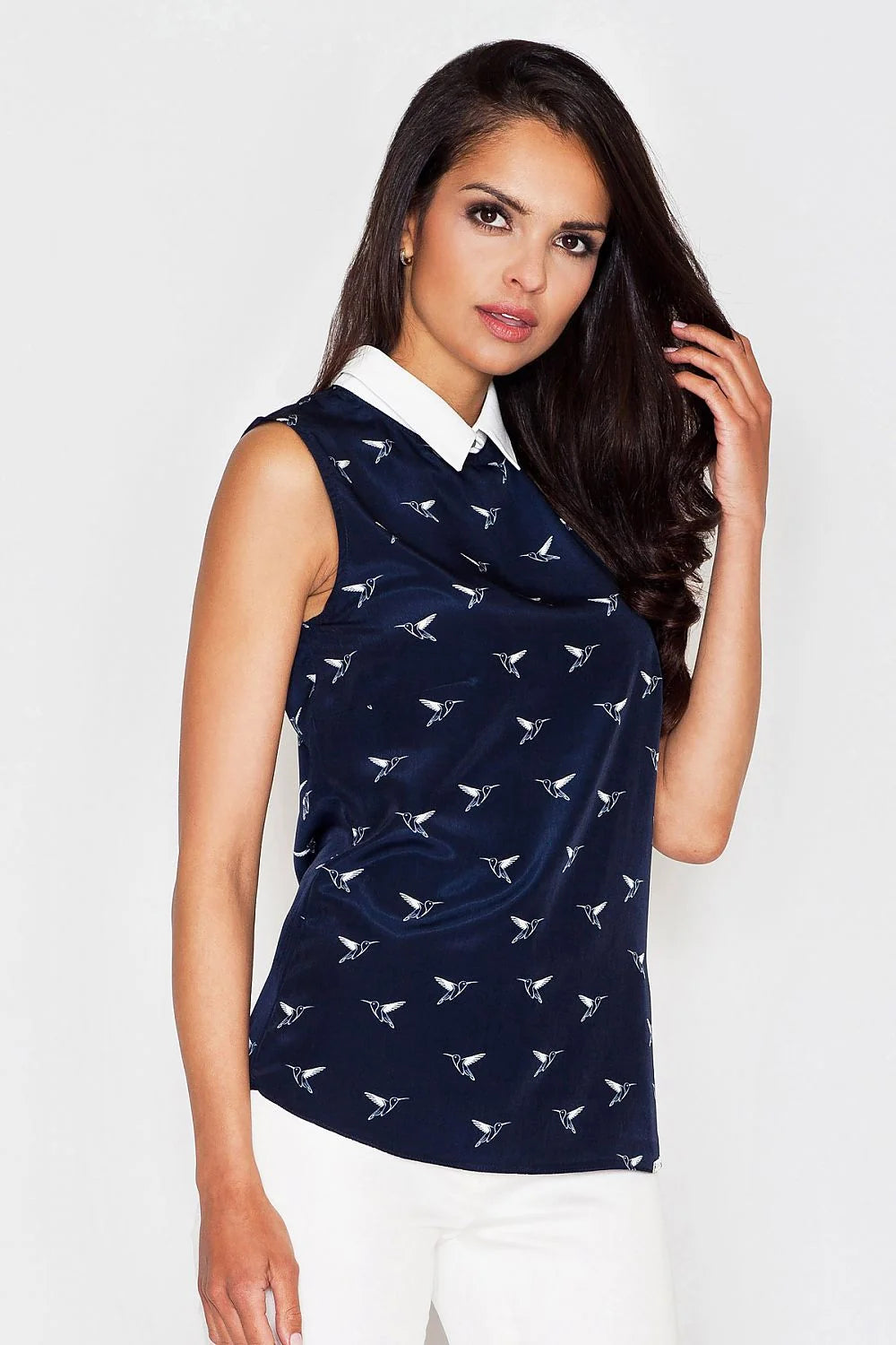 Chemisier sans manches coton motifs oiseaux bleu col blanc élégant décontracté mode femme professionnelle