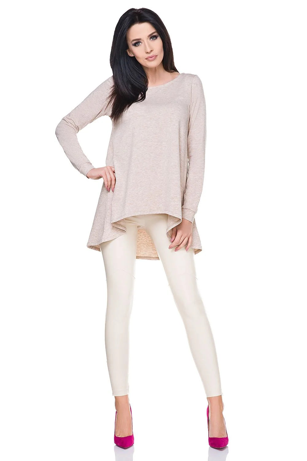chemisier Tessita beige coton tricoté fils dorés asymétrique ample fluide dos allongé manches longues ourlet côtelé encolure ronde chic polyvalent
