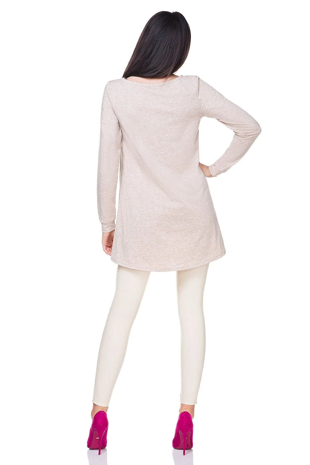 chemisier Tessita beige coton tricoté fils dorés asymétrique ample fluide dos allongé manches longues ourlet côtelé encolure ronde chic polyvalent