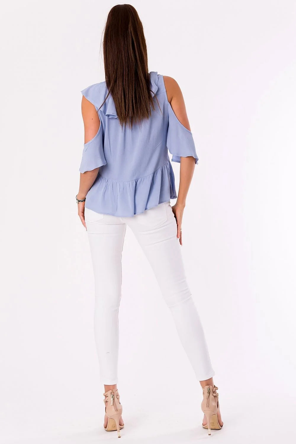 chemisier YourNewStyle sans épaules volants décoratifs rayon fluide soyeux léger élégant féminin polyvalent bureau soirée bleu