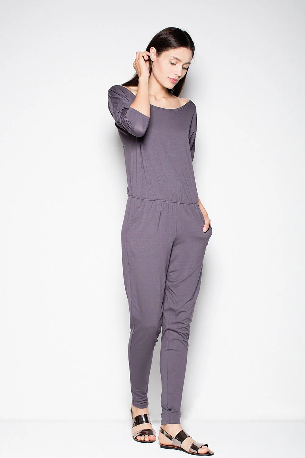 Combinaison en coton gris manches longues décontractée pour femmes élégance confort poches latérales casual