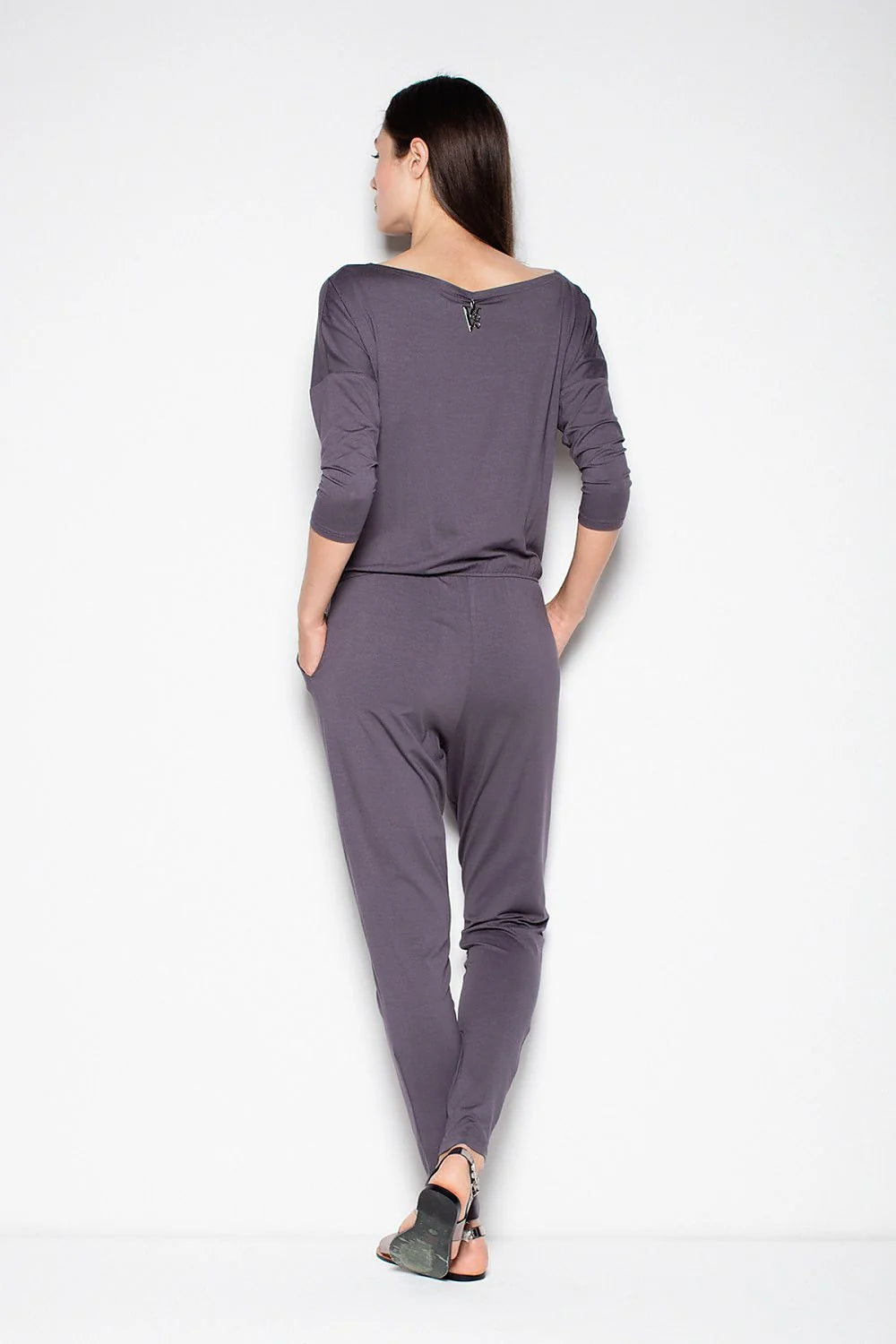 Combinaison en coton gris manches longues décontractée pour femmes élégance confort poches latérales casual