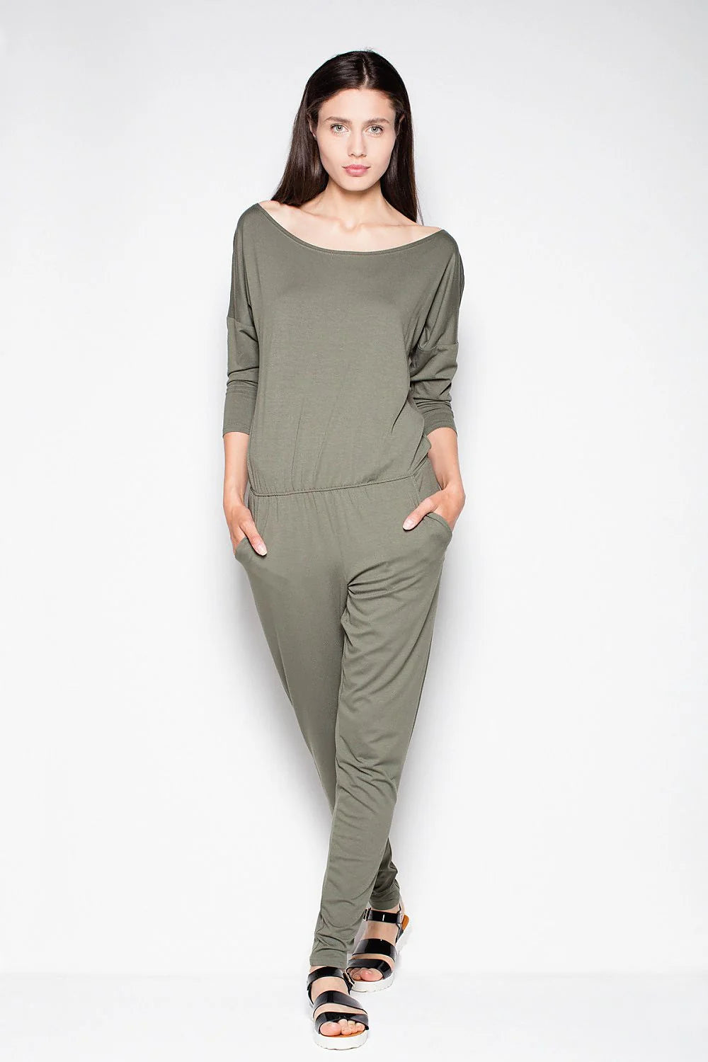 Combinaison en coton gris manches longues décontractée pour femmes élégance confort poches latérales casual