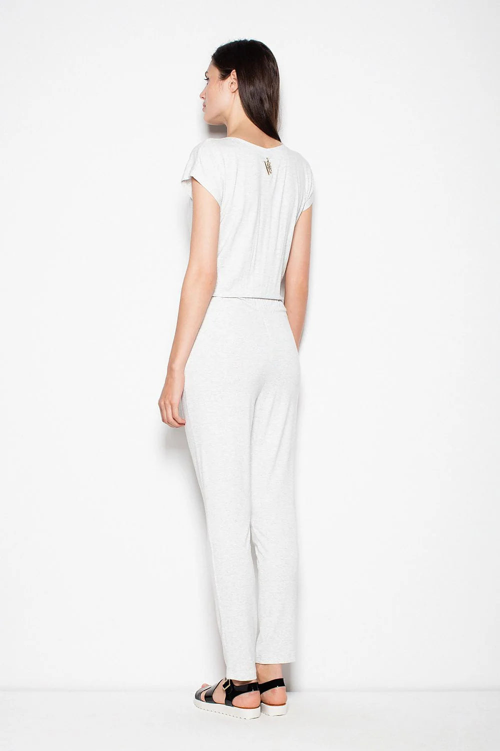 Combinaison femme coton gris clair décontractée manches courtes coupe croisée mode confortable féminine chic