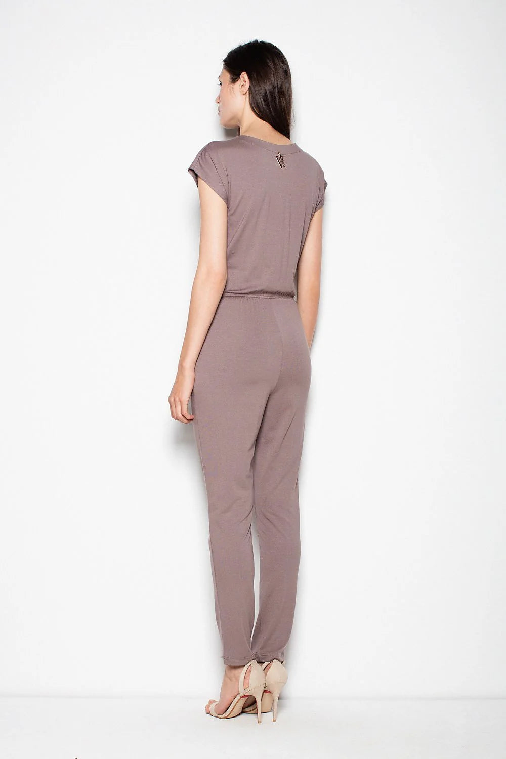 Combinaison femme coton gris clair décontractée manches courtes coupe croisée mode confortable féminine chic