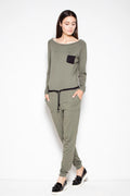 Combinaison femme en viscose kaki, style décontracté chic, ajustée, manches longues, cordon taille élégante