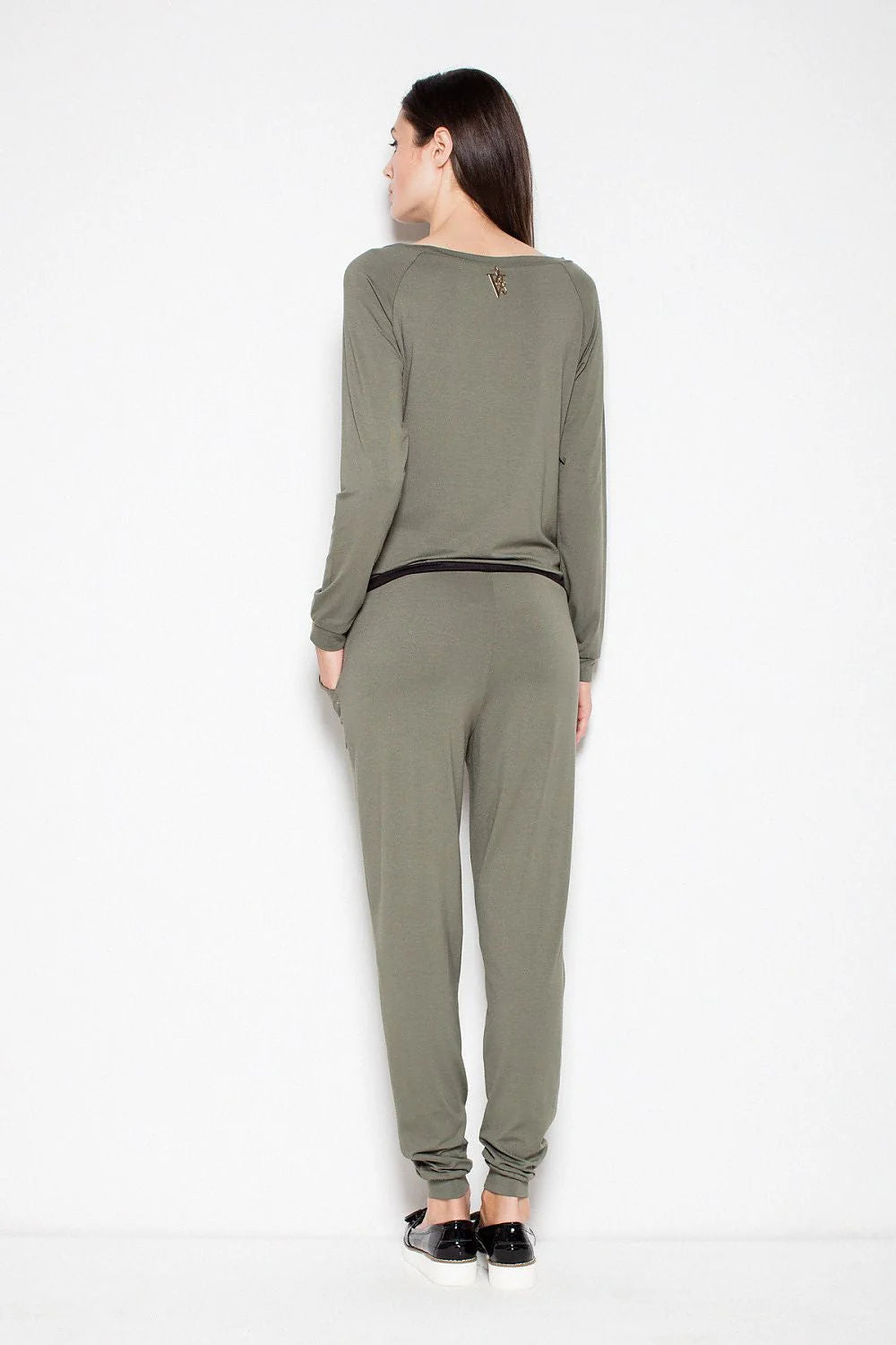 Combinaison femme en viscose kaki, style décontracté chic, ajustée, manches longues, cordon taille élégante