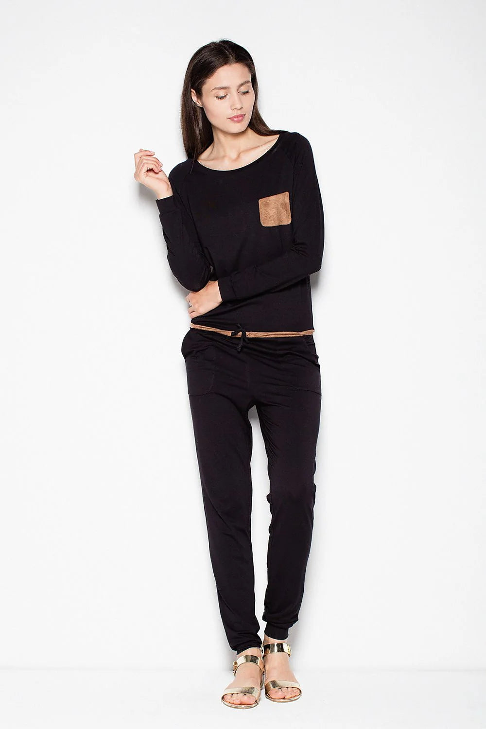 Combinaison femme en viscose kaki, style décontracté chic, ajustée, manches longues, cordon taille élégante