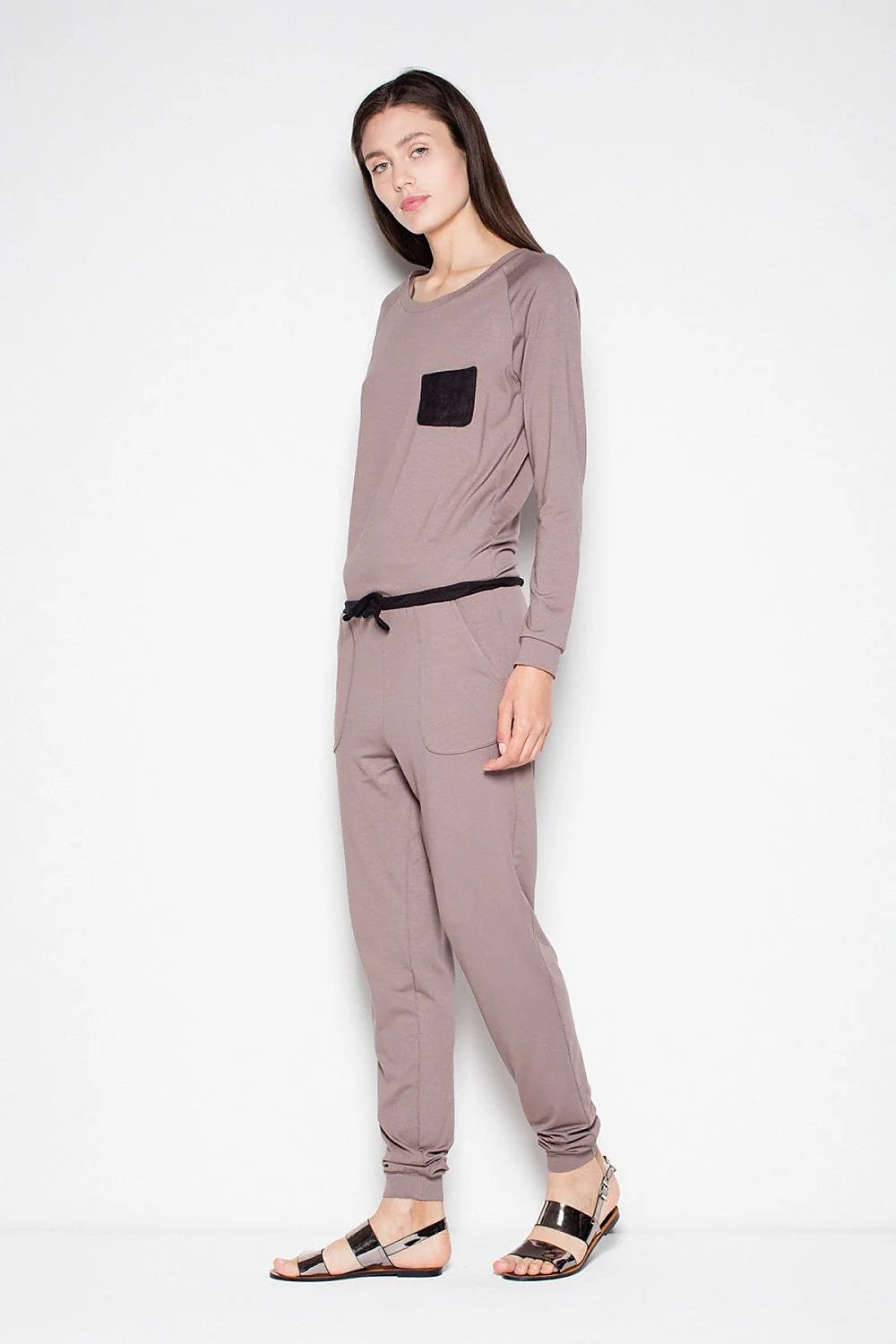 Combinaison femme en viscose kaki, style décontracté chic, ajustée, manches longues, cordon taille élégante