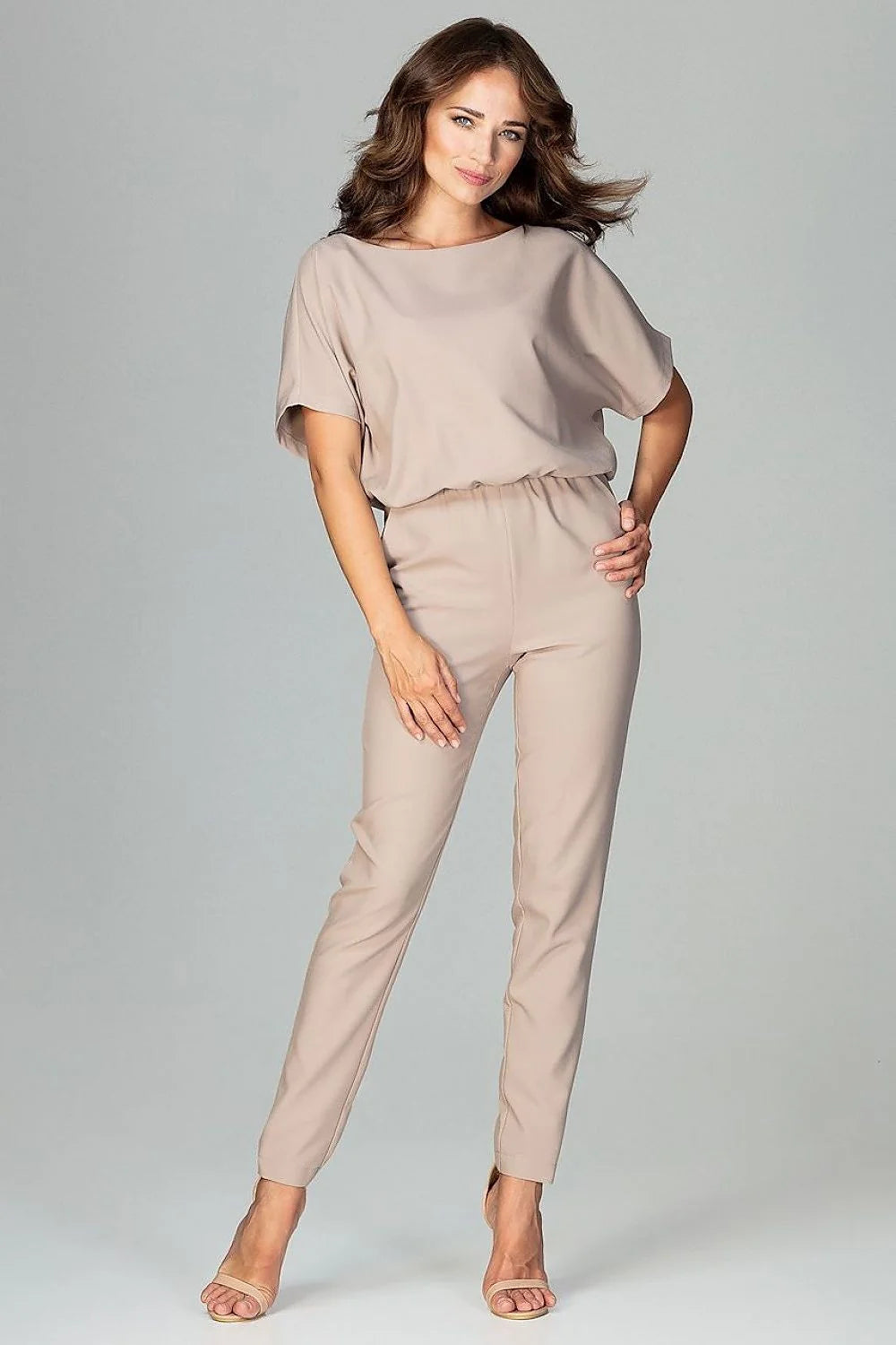 combinaison femme Lenitif vert émeraude fluide manches kimono courtes encolure bateau taille ajustée pantalon fuselé poches obliques fermeture zippée