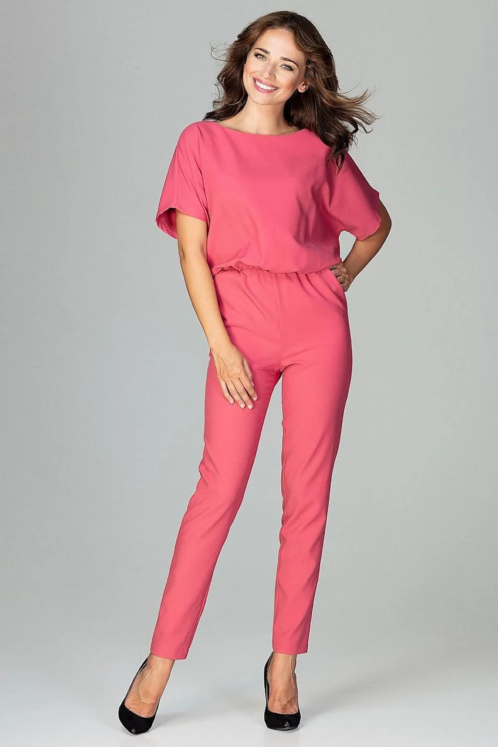 combinaison femme Lenitif vert émeraude fluide manches kimono courtes encolure bateau taille ajustée pantalon fuselé poches obliques fermeture zippée