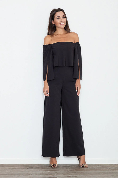 combinaison Figl pantalon noire épaules dénudées manches longues fendues haute palazzo jambes larges fluide structuré élégante allongeante soirée cocktail chic